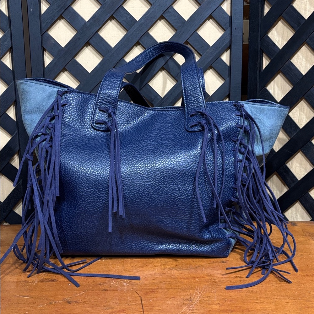 Blue Vegan Leather Tassel Fringe Tote Bag Shoulder Bag